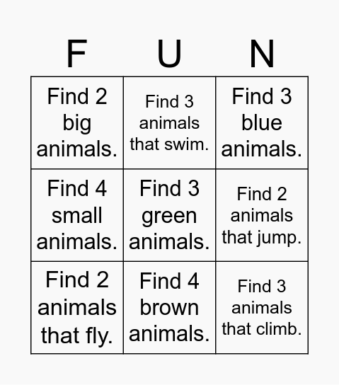 Animal Bingo Card