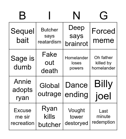 Boys Finale Bingo Card