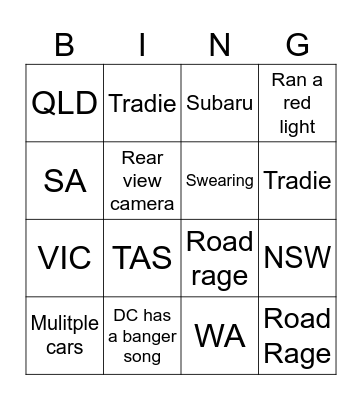 Dash Cam Bingo Card