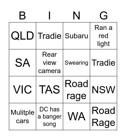 Dash Cam Bingo Card