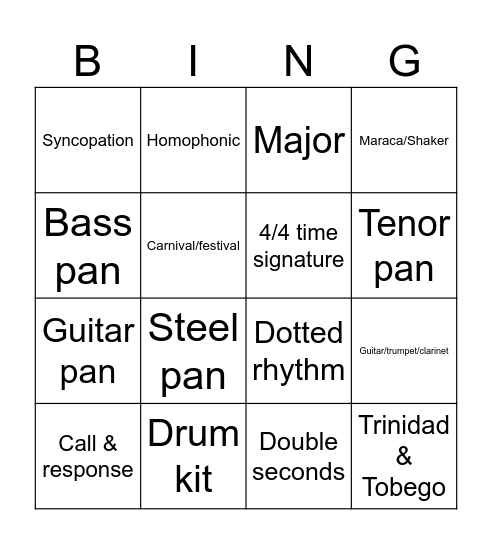 Calypso music Bingo Card