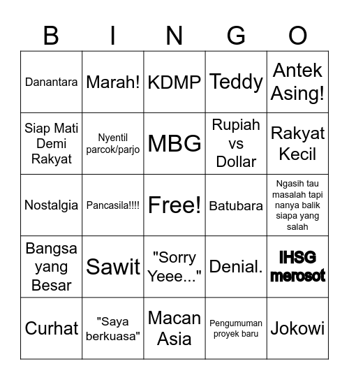 Pidato Prabowo Bingo Card