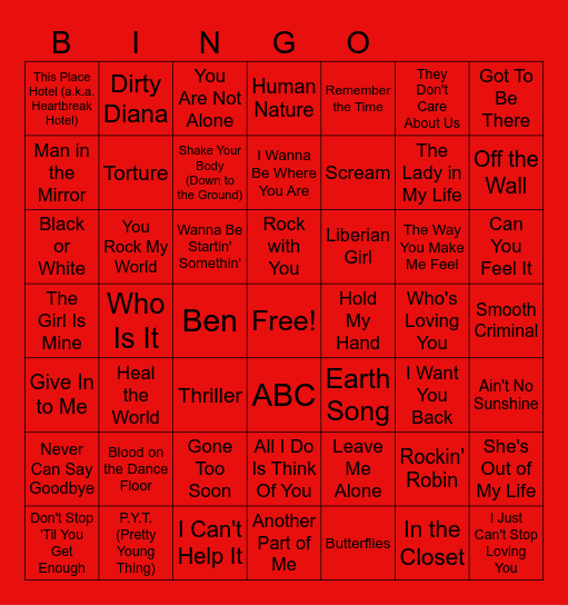Michael Jackson Music Bingo Card