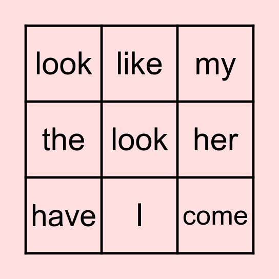 Heart Words Bingo Card
