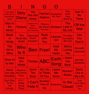Michael Jackson Music Bingo Card