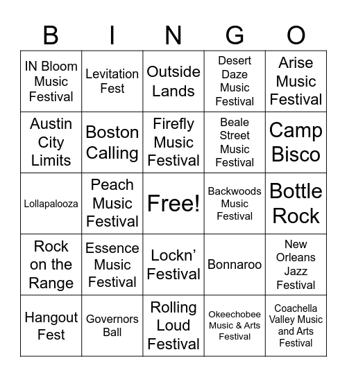Music Festivals Bingo Card