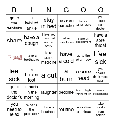 Bingo HEALTH PROBLEMS Bingo Card