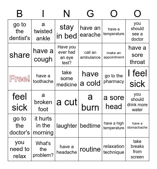 Bingo HEALTH PROBLEMS Bingo Card