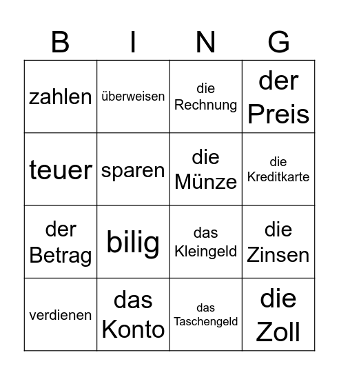 das Geld Bingo Card