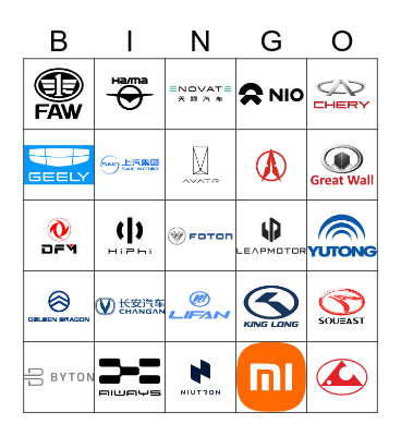 Chinese Car Brand Logo Bingo Card
