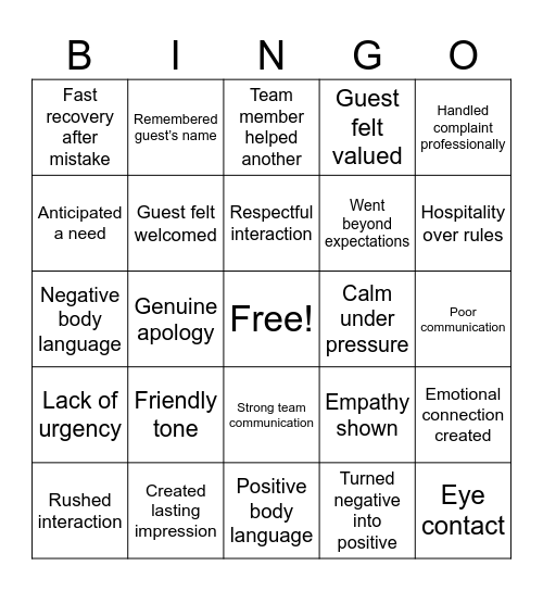 HOSPITALITY BINGO Card