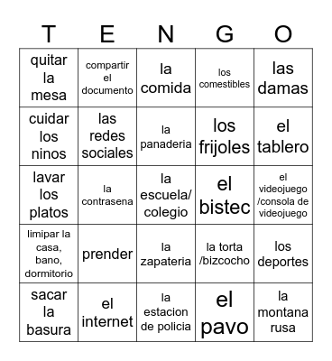 TENGO Repaso - Vocabulario SP3 Bingo Card