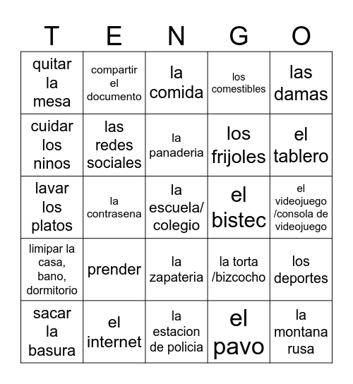 TENGO Repaso - Vocabulario SP3 Bingo Card