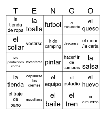 TENGO - Repaso de Vocabulario SP2 Bingo Card