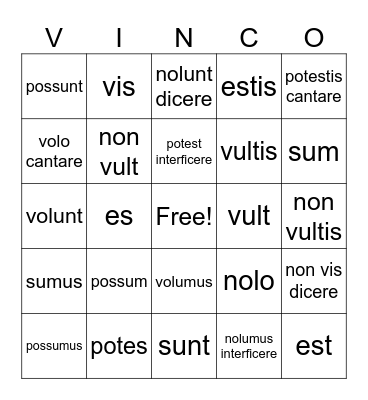 Irregular Verbs Latin with Infinitive Bingo Card