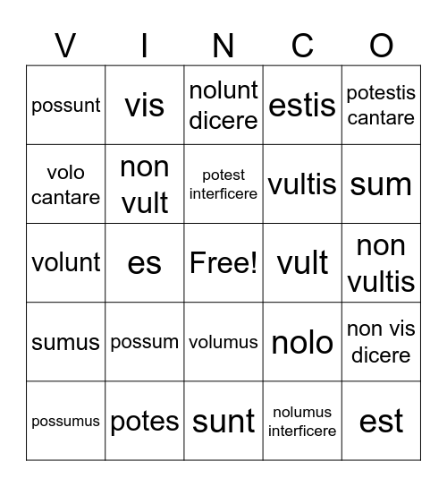 Irregular Verbs Latin with Infinitive Bingo Card