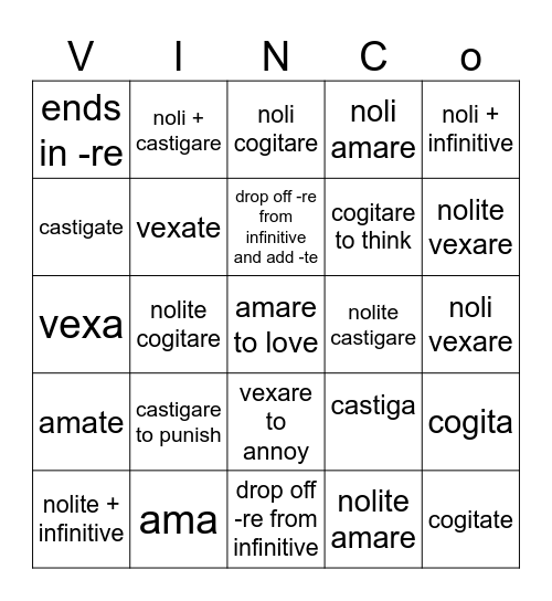 Latin Imperatives Bingo Card
