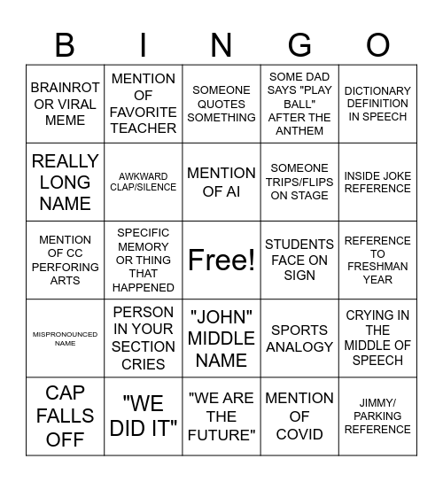 CCHS GRADUATION BINGO Card