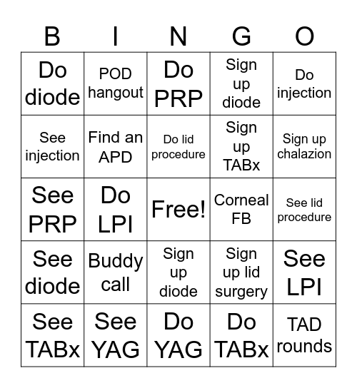 Intern Bingo Card