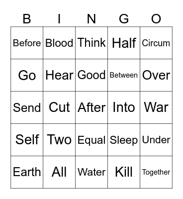 Caesar's English Stems Bingo Card