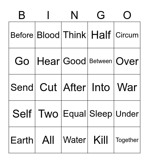 Caesar's English Stems Bingo Card