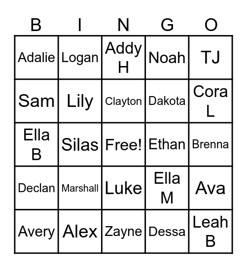 6th Graders Bingo Card