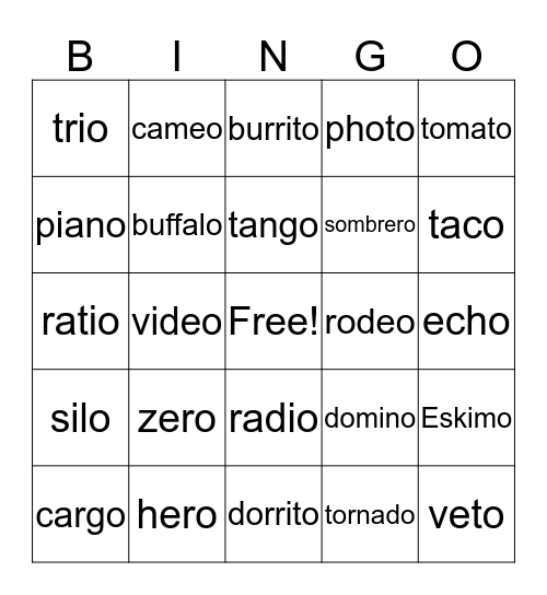 ** Words Ending in o ** Bingo Card