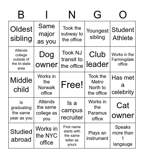 Internship Training Bingo Card