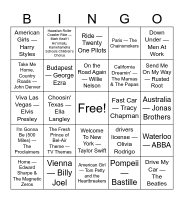 Music Bingo Card