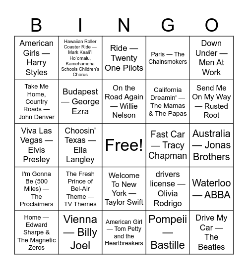 Music Bingo Card