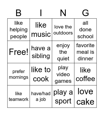 Getting To Know You! Bingo Card