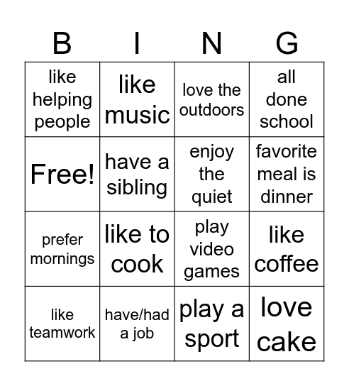 Getting To Know You! Bingo Card