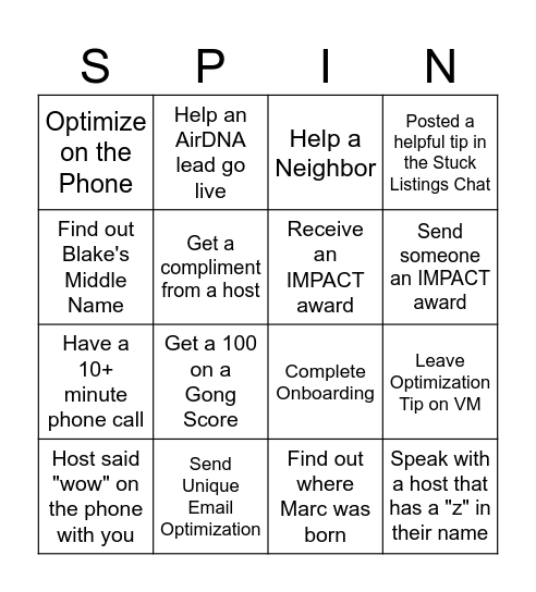 Spin to WIN BINGO Card