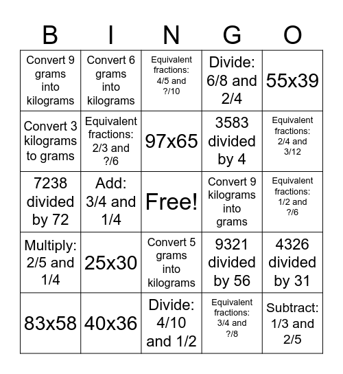 Math Bingo: Bingo Card