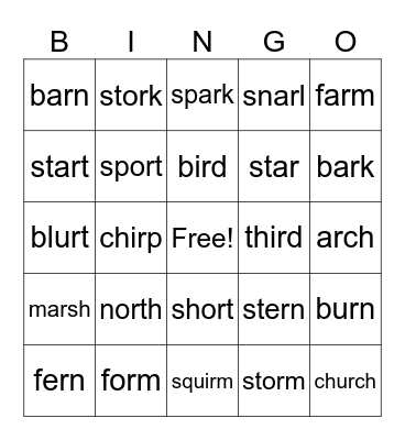 R-controlled Vowels Bingo Card