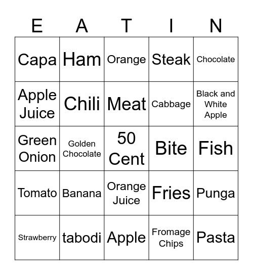 Meals Bingo Card