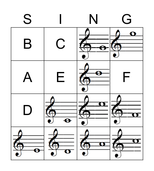 Treble Clef Note Names Bingo Card