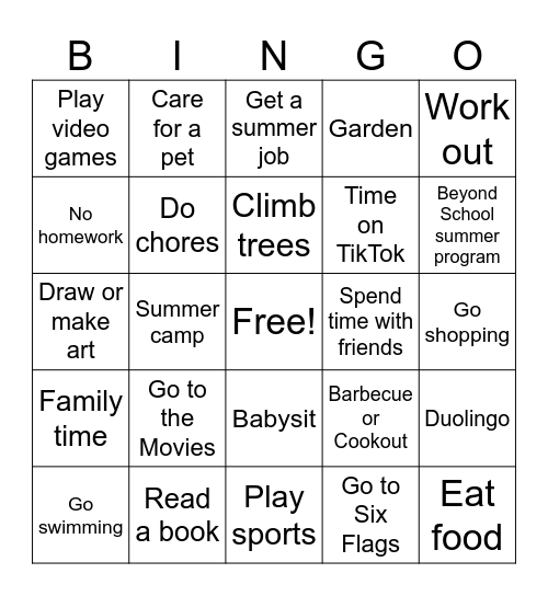 Summer Plans Bingo Card