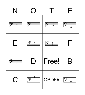Bass Clef Note Names Bingo Card