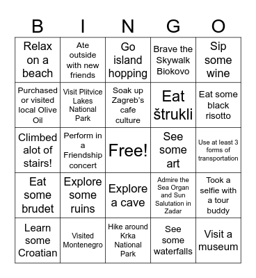 Croatia Travel Bingo Card