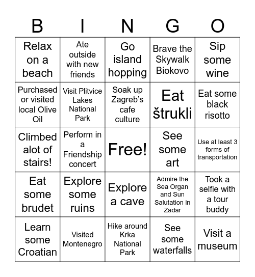 Croatia Travel Bingo Card