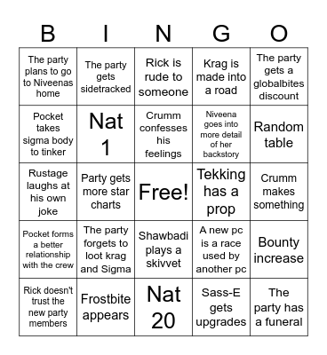 Space pirates episode 14 Bingo Card