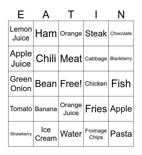 Meals Bingo Card