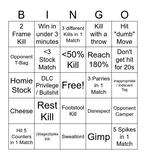 Luna's Smash Bingo Failure Bingo Card