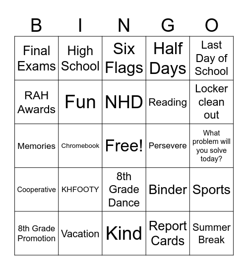 End of Year Bingo Card