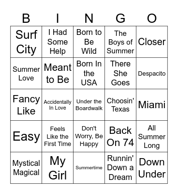 Feels Like Summer Music Bingo #1 Bingo Card