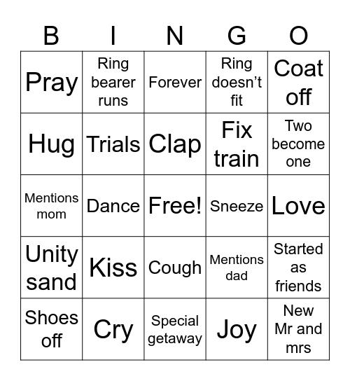 wedding day Bingo Card