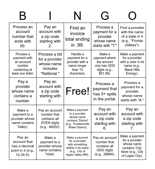 Payments Bingo Card