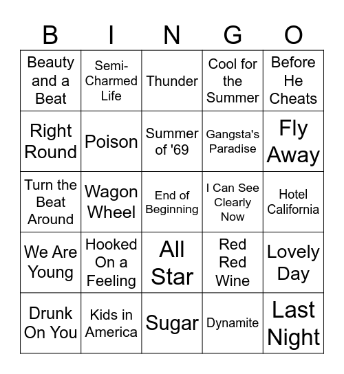 Feels Like Summer Music Bingo #3 Bingo Card