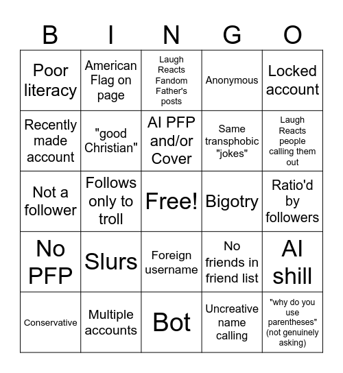 Fandom Father hater Bingo Card